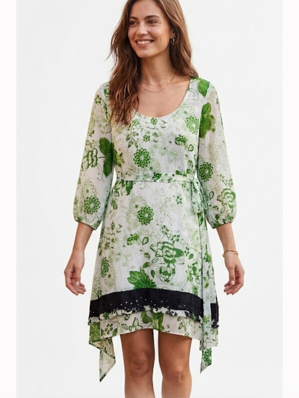 Fei Anthropologie floral white/green 3/4 sleeve  tunic-dress size L